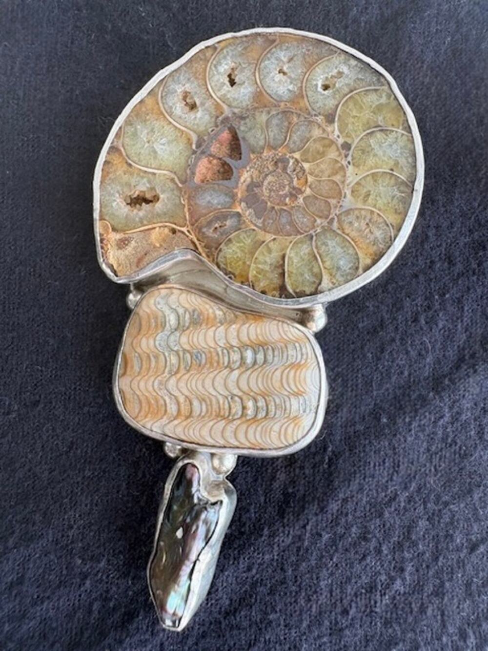 Sterling Silver Ammonite Fossil Pearl Pendant Brooch Wearable Art Signed KH 53g